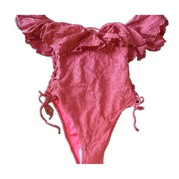 New Pink XL Swimsuit One Piece Lucia Ruffle Off Shoulder Side Tie Lined $170 - Picture 5 of 16